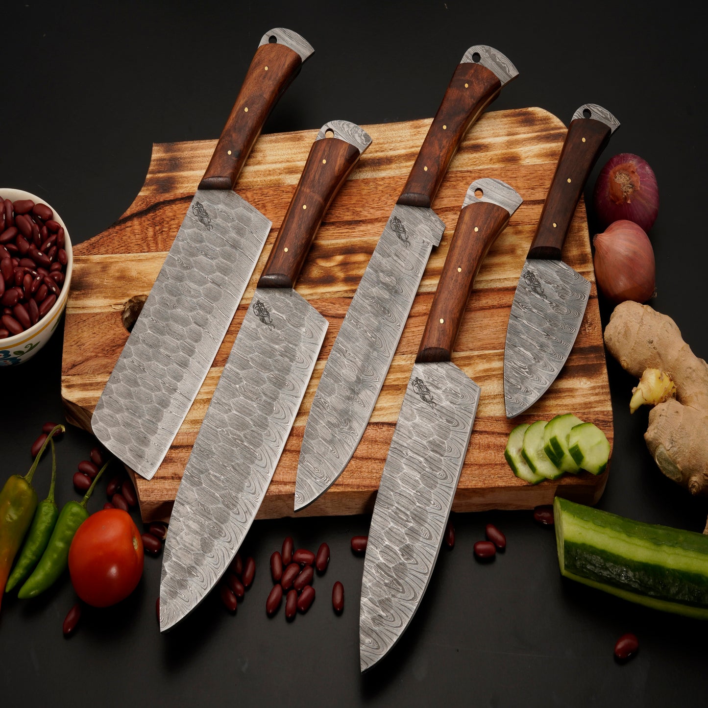Panama Damascus 5 Piece Chef Knife Set & Leather Roll