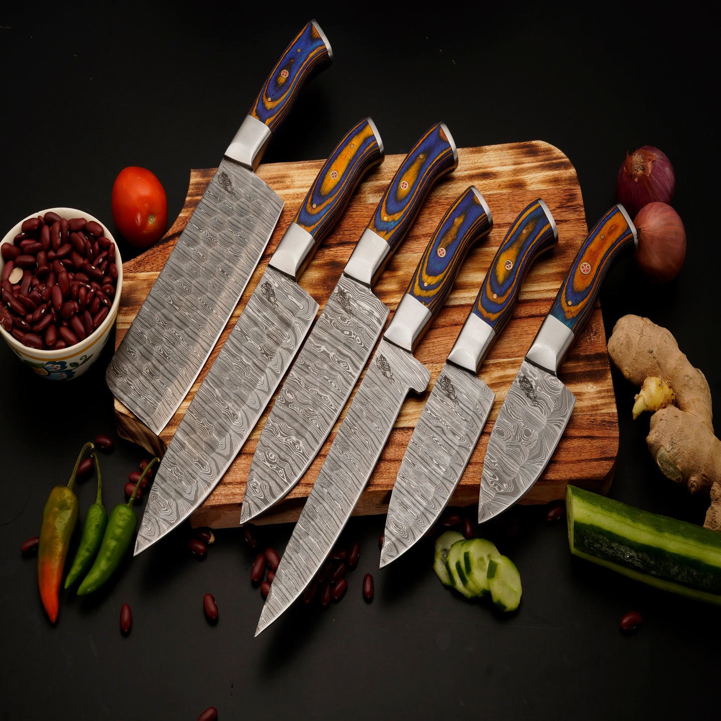 The Belize 6 Piece Damascus Chef Knife Set & Leather Roll