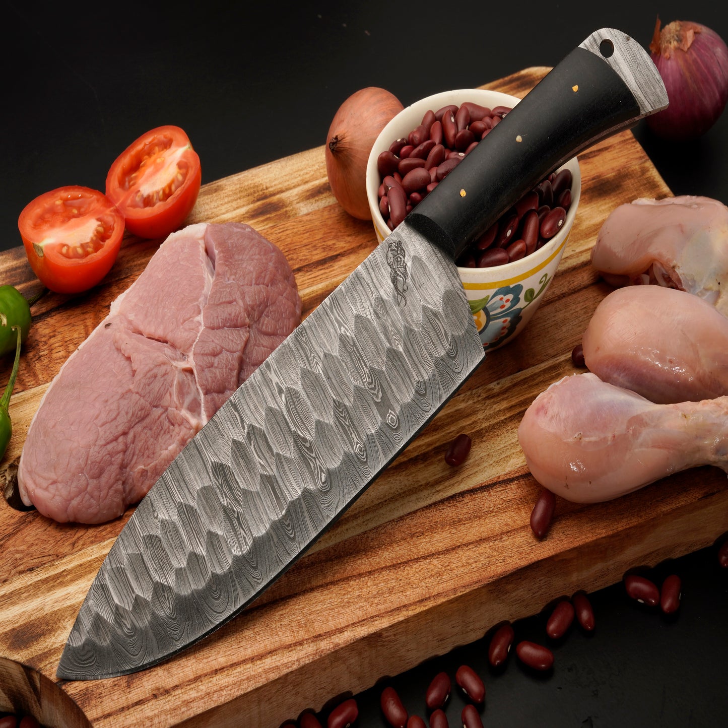 Puma Damascus 5 Piece Chef Knife Set & Leather Roll - Micarta Handle