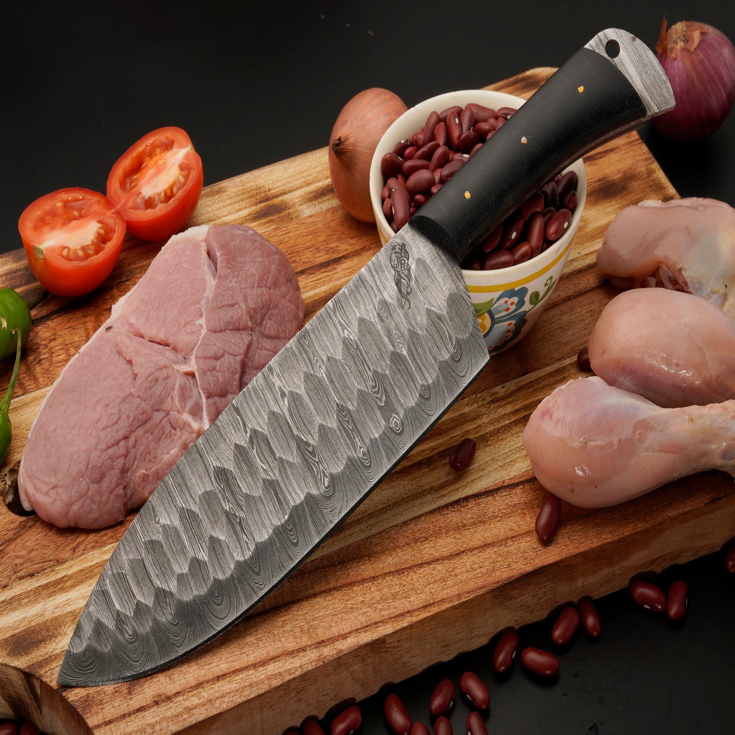The Amosa 3 Piece Damascus Chef Knife Set & Leather Roll