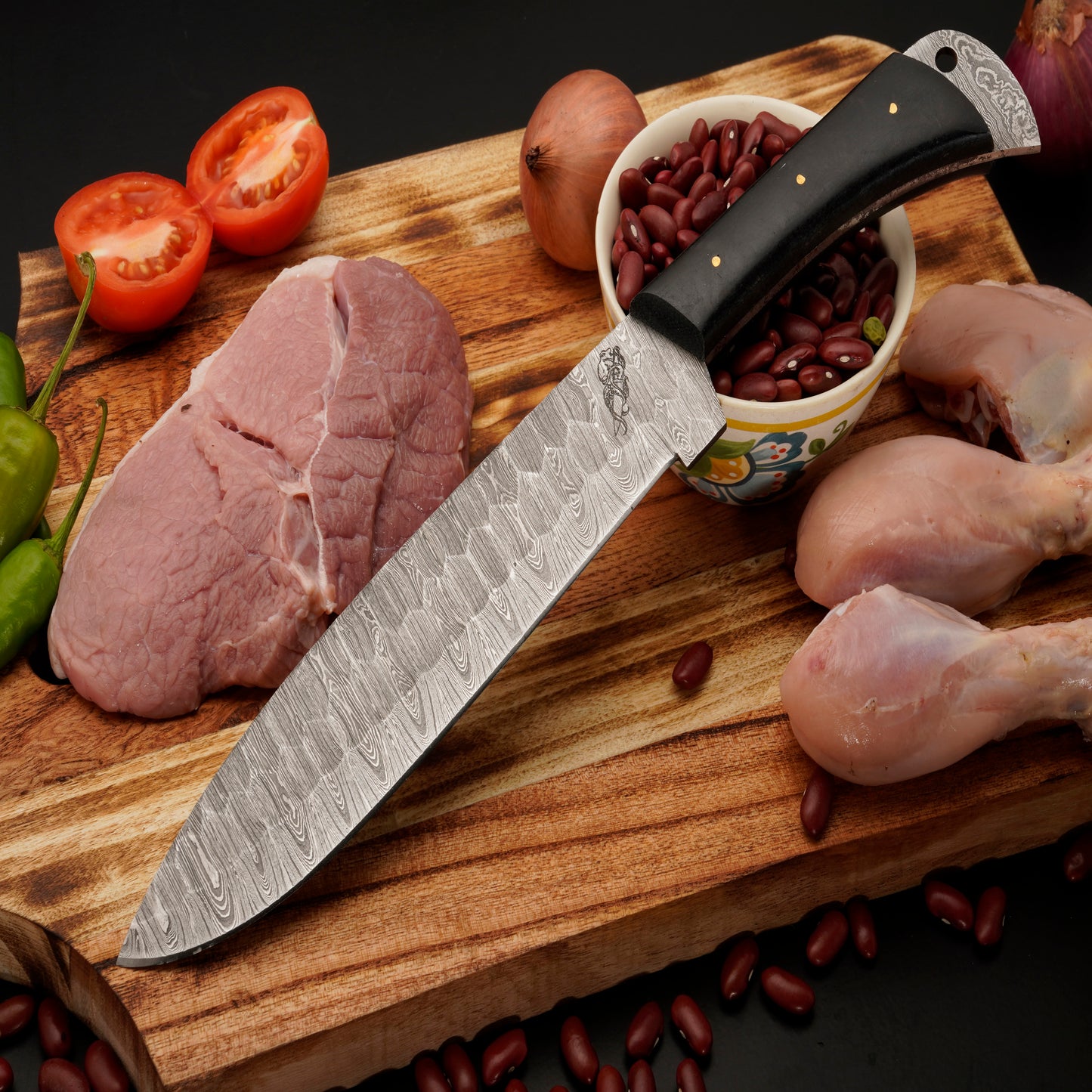 Puma Damascus 5 Piece Chef Knife Set & Leather Roll - Micarta Handle