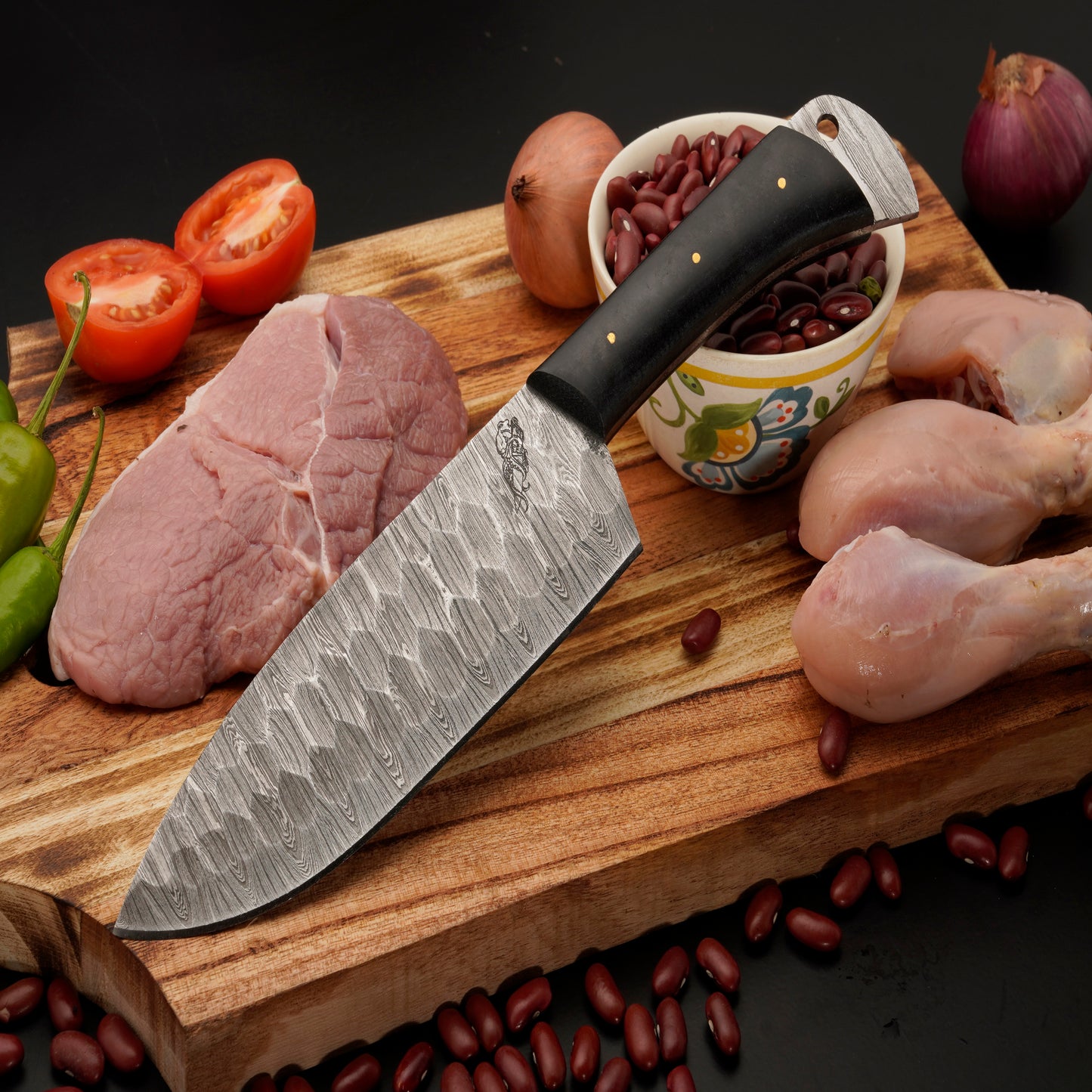 The Amosa 3 Piece Damascus Chef Knife Set & Leather Roll