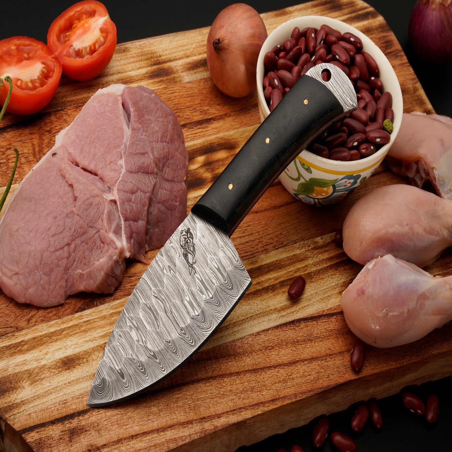 The Amosa 3 Piece Damascus Chef Knife Set & Leather Roll