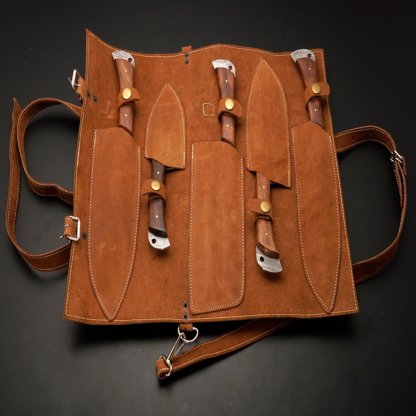 Panama Damascus 5 Piece Chef Knife Set & Leather Roll