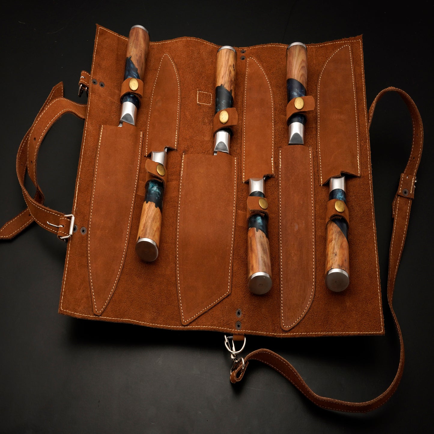 The Palla 6 Piece Damascus Chef Knife Set & Leather Roll