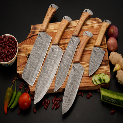 The Pippa 5 Piece Damascus Chef Knife Set & Leather Roll