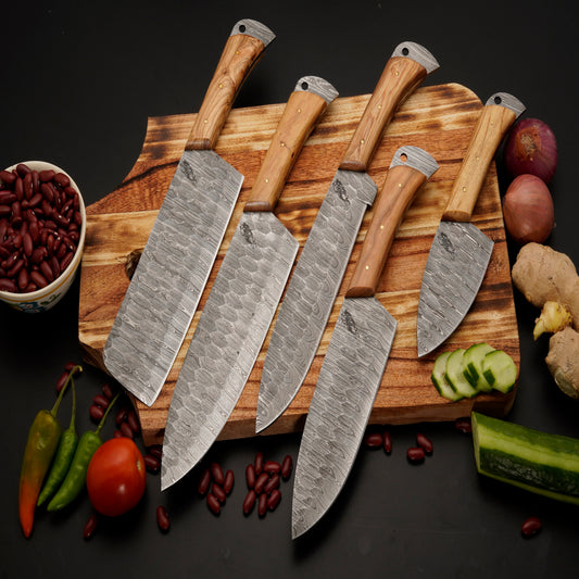 The Pippa 5 Piece Damascus Chef Knife Set & Leather Roll