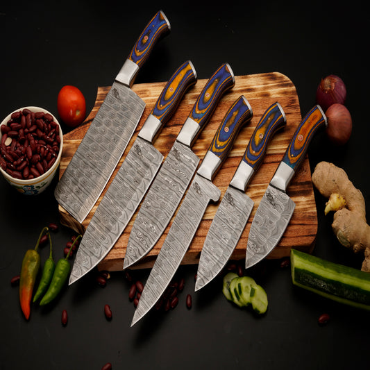 The Belize 6 Piece Damascus Chef Knife Set & Leather Roll