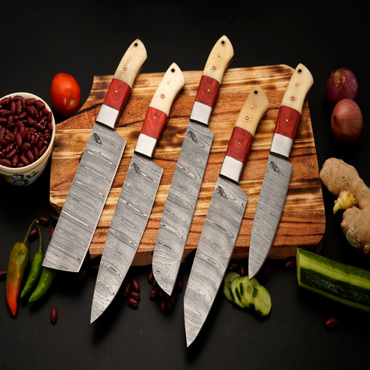 The Gemma 5 Piece Damascus Chef Knife Set & Leather Roll
