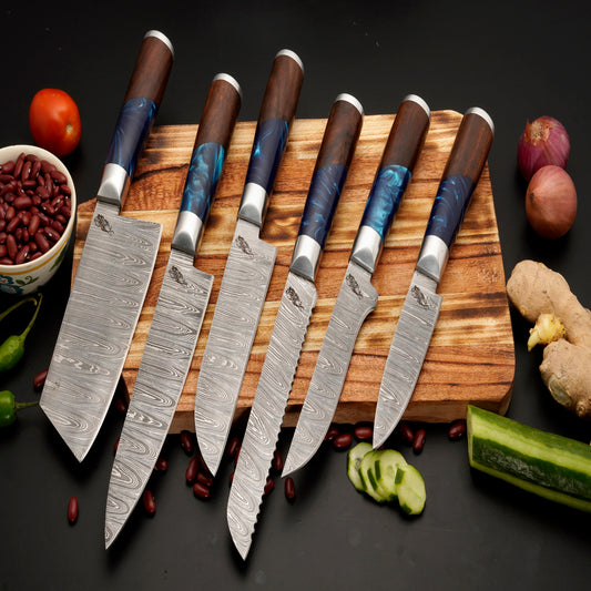 The Paria 6 Piece Damascus Chef Knife Set & Leather Roll