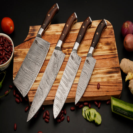 The Lavender 4 Piece Damascus Chef Knife Set & Leather Roll