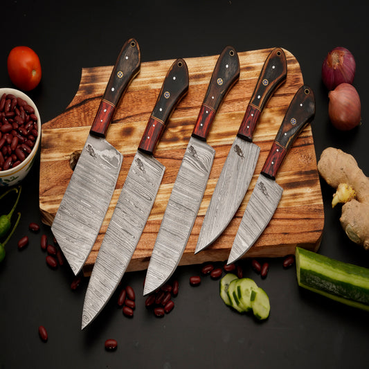 The Roma 5 Piece Damascus Chef Knife Set & Leather Roll