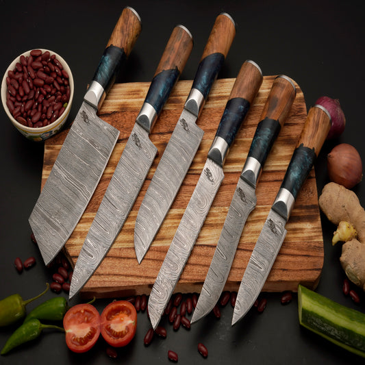 The Palla 6 Piece Damascus Chef Knife Set & Leather Roll