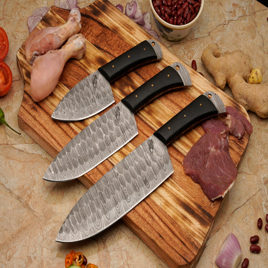 The Amosa 3 Piece Damascus Chef Knife Set & Leather Roll