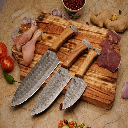 The Losefo 3 Piece Damascus Chef Knife Set & Leather Roll