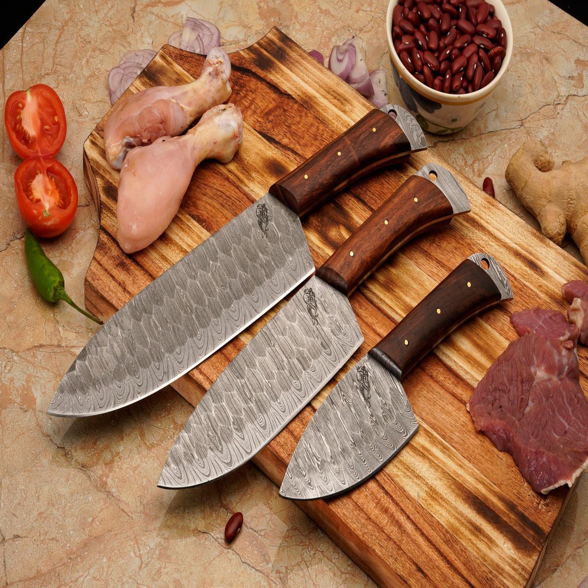 The Gringo 3 Piece Damascus Chef Knife Set & Leather Roll
