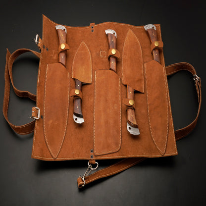 Panama Damascus 5 Piece Chef Knife Set & Leather Roll