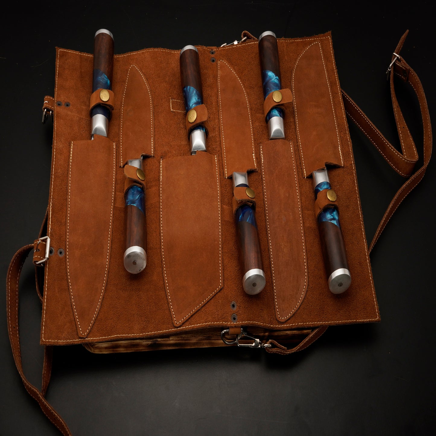 The Paria 6 Piece Damascus Chef Knife Set & Leather Roll