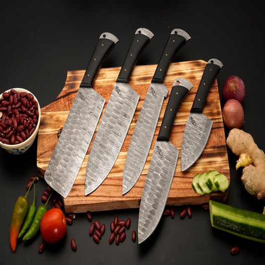Puma Damascus 5 Piece Chef Knife Set & Leather Roll - Micarta Handle